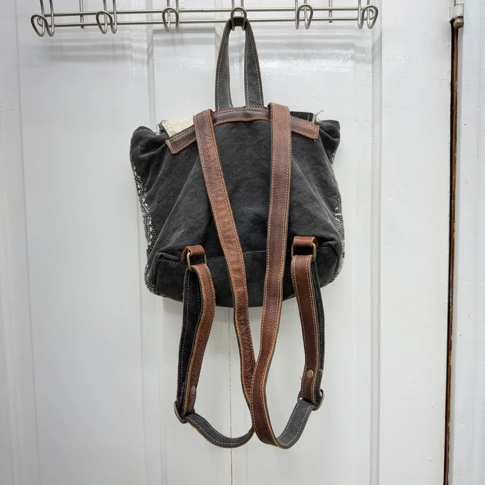 Myra Bag Carry Me back pack cow hide white grey paisley‎ canvas 10.5 x 3.5 x 9.5